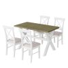 5 Pieces Farmhouse Rustic Wood Kitchen Dining Table Set with Upholstered 4 X-back Chairs, Gray Green+White+Beige