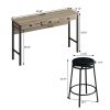 3-Drawer Long Dining Table Set with Power Outlets, Bar Kitchen Table Set with Circular PU Stools, Easy Assemble, Brown Gray Table+Black Stool