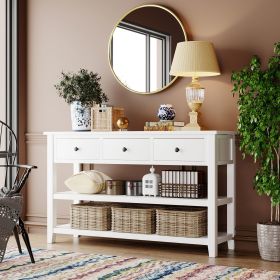 Retro Design Console Table with Two Open Shelves, Pine Solid Wood Frame and Legs for Living Room (Color: Antique White)