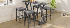 Mid-century Counter Height 5-Piece Dining Set, Wood Console Table with Trestle Legs and 4 Stools for Small Places